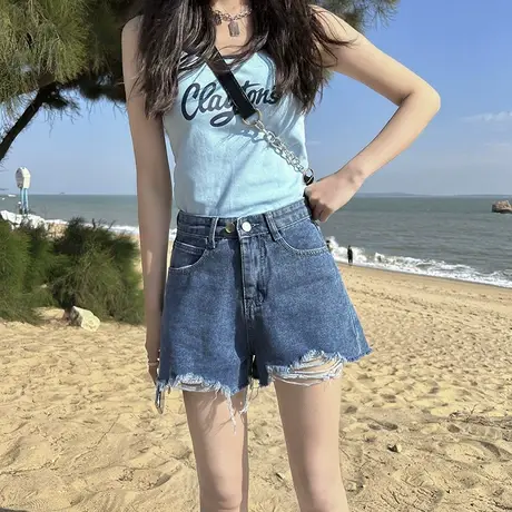 高腰百搭显瘦牛仔裤女2023年春季新款宽松休闲学生阔腿短裤子商品大图