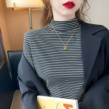 半高领条纹打底衫女内搭秋冬洋气2023年新款中领长袖t恤保暖上衣商品大图