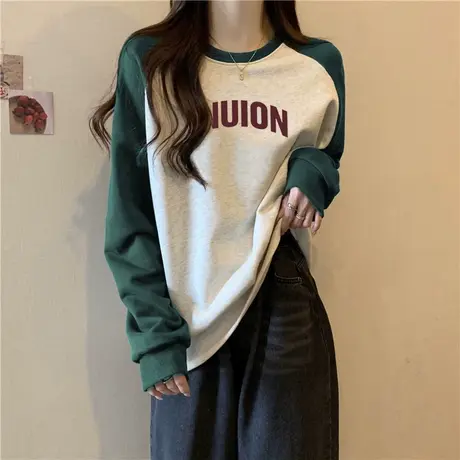 无帽圆领卫衣女春秋薄款2024新款宽松百搭学生插肩长袖袖上衣外套商品大图