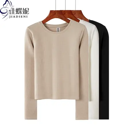 秋季新款韩版圆领短款纯欲华夫格纯色修身长袖体恤上衣内搭女打底商品大图