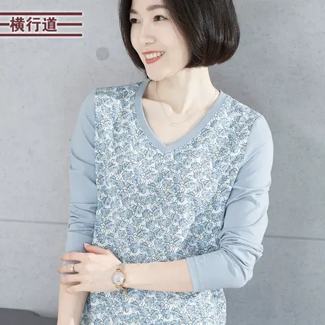 2024春季新款V领上鸡心领打底衫中年妈妈长袖T恤女装大码女装外穿图片