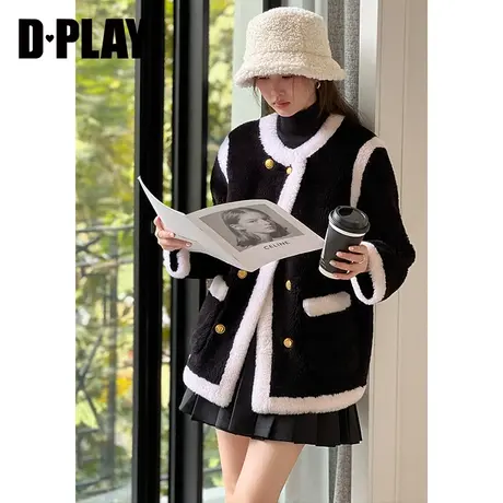 DPLAY2023年冬装新小香风黑色撞色毛毛小香风颗粒羊毛外套女商品大图