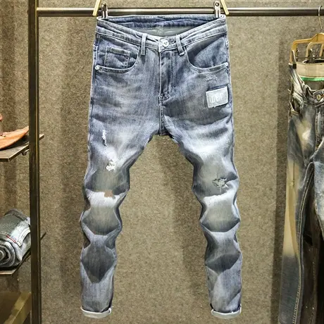 夏季痞帅破洞牛仔裤男款蓝色修身小脚裤男士潮流百搭青年弹力长裤商品大图