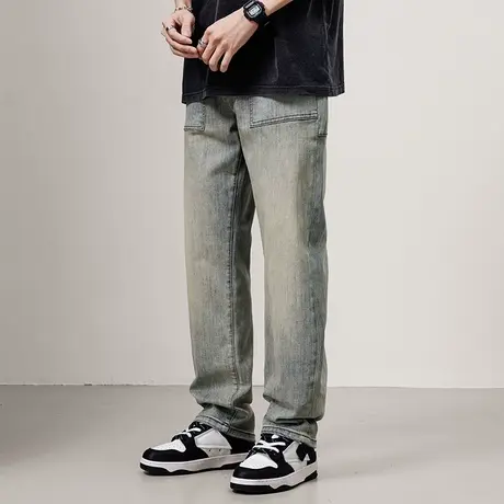 美式拼接牛仔裤男士宽松水洗休闲做旧直筒高街直筒裤微弹牛仔裤图片