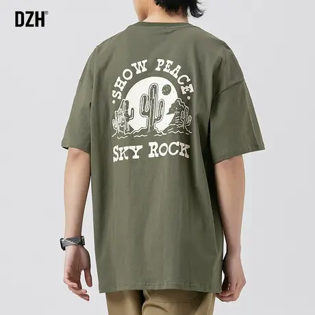 男士印花t恤男纯棉美式夏季男装2023年新款绿色短袖潮牌半袖上衣商品大图