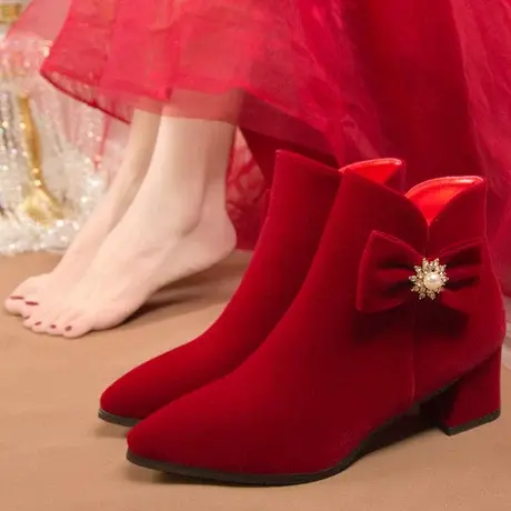 婚鞋秋冬季女短靴秀禾婚纱两穿新娘鞋中式结婚红色加绒冬天敬酒鞋图片