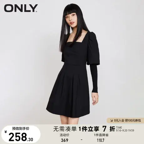【买4免1】ONLY奥莱夏季新品法式复古方领收腰黑色长袖连衣裙女图片