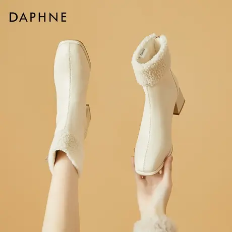 达芙妮米白色高跟短靴女2021年新款粗跟马丁靴子女冬季加绒瘦瘦靴商品大图