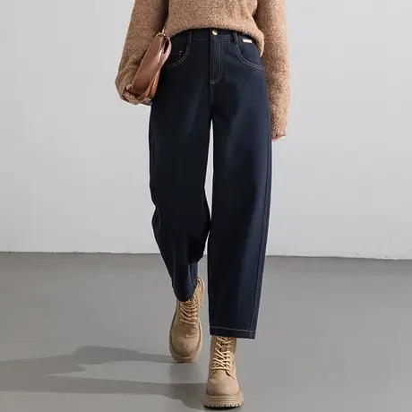 仿牛仔藏青色裤子女2024新款秋冬加厚裤子九分哈伦裤休闲裤镰刀裤商品大图