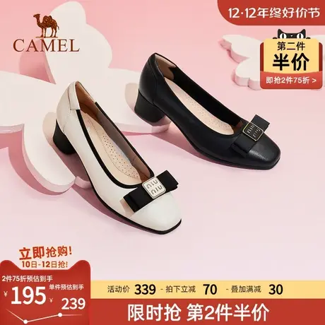 骆驼女鞋2024春季新款方头粗跟玛丽珍鞋小皮鞋蝴蝶结浅口单鞋女商品大图