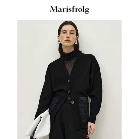 【商场同款】玛丝菲尔2024春季新款黑色V领长袖上衣针织衫开衫女商品大图