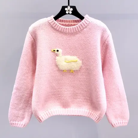 日系卡通小黄鸭粉色套头毛衣女冬季2023新款宽松减龄软糯针织上衣商品大图