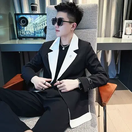 春秋季高级感雅痞西服男士设计感拼色撞色休闲发型师西装外套单西图片