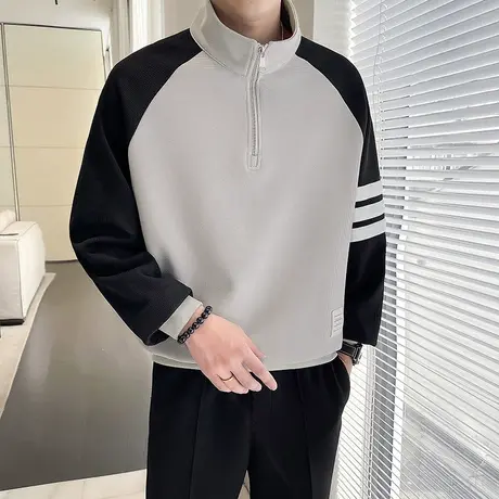 立领半拉链卫衣男春秋季2023新款ins休闲拼色插肩袖长袖上衣外套商品大图