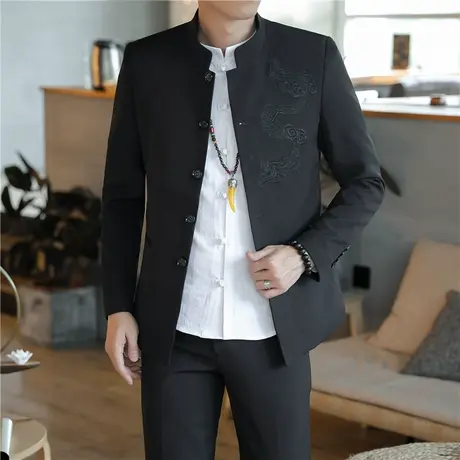 中国风中山装男套装青年修身中华立领男装春季唐装复古刺绣外套潮图片