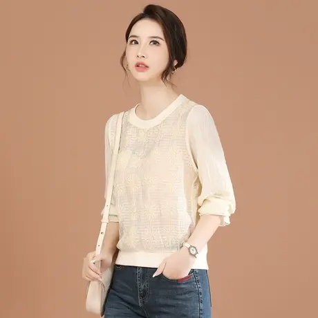 韩潮袭人圆领高级感气质雪纺衫女2024春季新款休闲长袖套头上衣图片