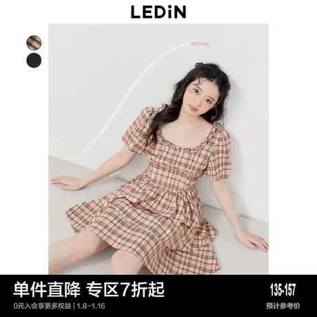 乐町芝芝格纹连衣裙春夏法式蛋糕裙方领甜美温柔格纹收腰图片