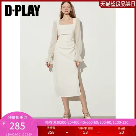 DPLAY春法式风杏色方领时装拼接欧根纱泡泡袖下摆侧开衩连衣裙商品大图
