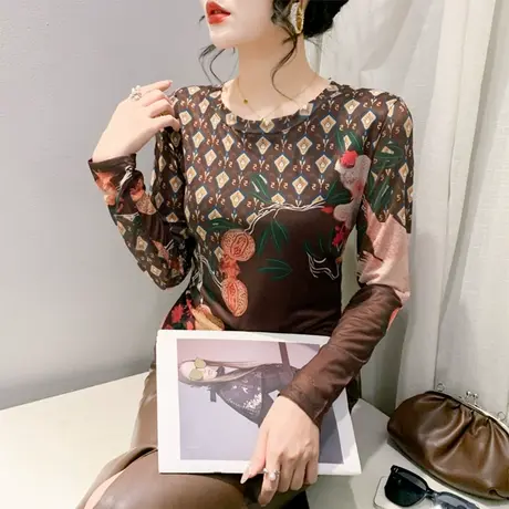 设计感网纱印花圆领长袖打底衫气质减龄内塔上衣女修身显瘦T恤ins商品大图