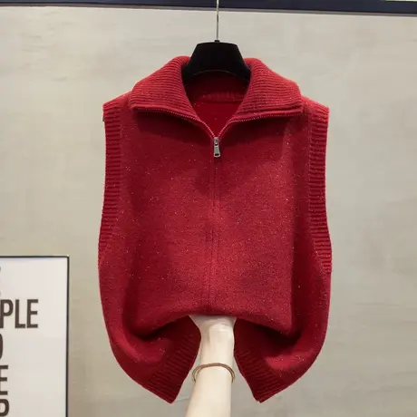 亮丝高领拉链针织开衫马甲背心女2025春秋新款外穿马夹毛衣坎肩潮商品大图