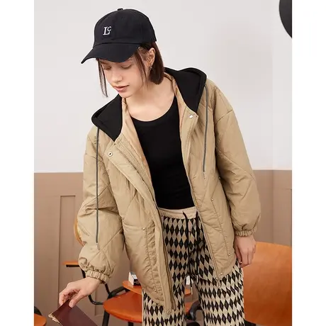 a02秋冬款简约撞色连帽设计宽松棉服百搭女式棉衣图片