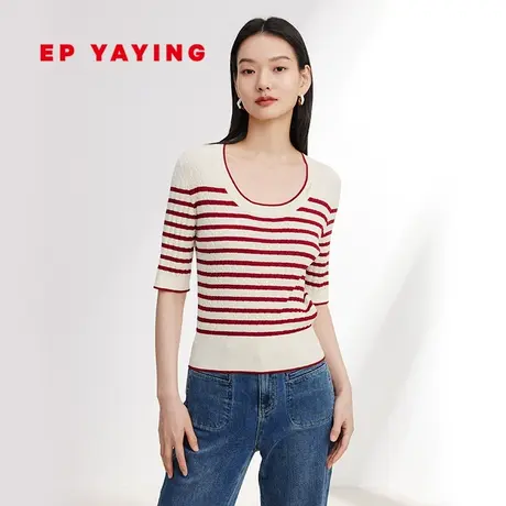 EP YAYING雅莹女装 绞花条纹U领套头针织衫 2024早春新款9509A图片
