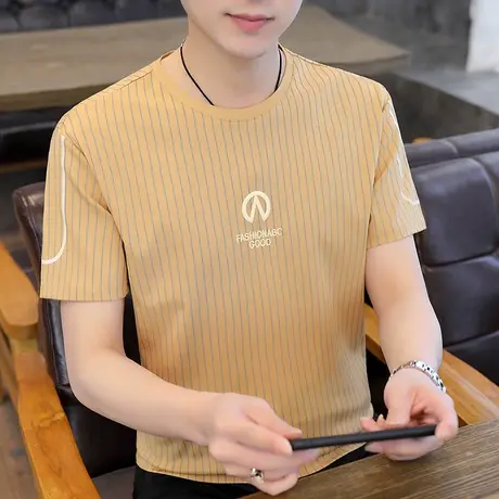 条纹短袖T恤男韩版潮流半袖纯棉打底衫圆领潮牌男装休闲上衣服ins商品大图