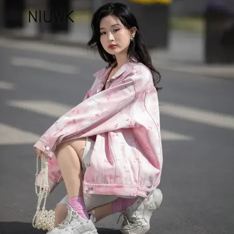 印花粉色牛仔外套女独特超好看韩系2024早春新款上衣宽松夹克褂子图片