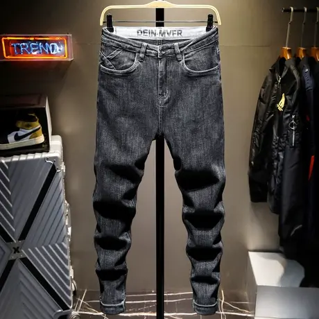 夏季款黑色潮牌牛仔裤男修身小脚男士休闲长裤子男韩版潮流男生潮图片