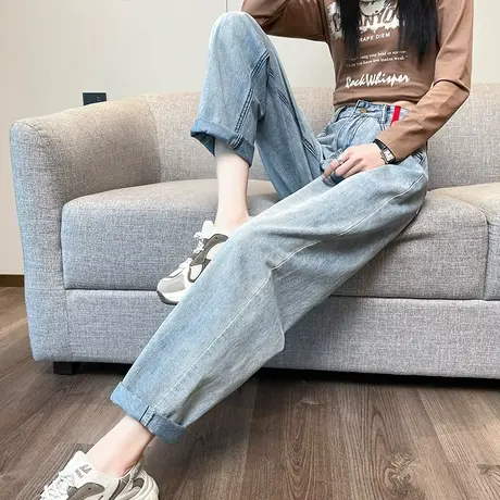 浅色哈伦直筒牛仔裤女春秋2024年新款刺绣高腰宽松小个子老爹裤潮商品大图
