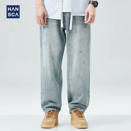 hansca美式复古破洞牛仔裤男直筒宽松春季潮牌阔腿百搭休闲长裤子商品大图