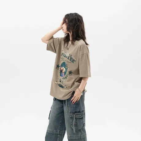 YEP美式复古纯棉印花短袖t恤女夏季2024新款潮牌宽松oversize上衣图片