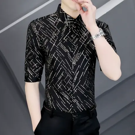 痞帅潮牌烫金个性衬衫男士短袖高级感百搭男装七分中袖夏装薄衬衣商品大图