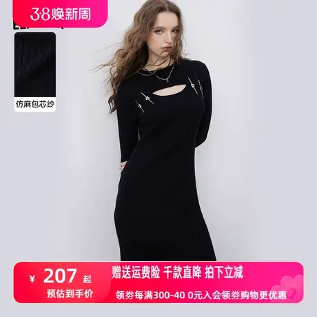 妖精的口袋新中式镂空长袖连衣裙女2023冬季新款设计感气质小黑裙商品大图