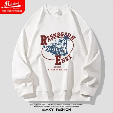 美式复古潮流圆领卫衣男秋季薄款设计感小众港风宽松大码长袖上衣商品大图