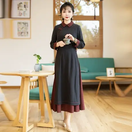 筠雅奥黛旗袍中国风连衣裙女长款优雅旗袍年轻款日常裙子 23J221图片