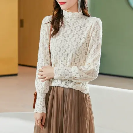 时尚气质蕾丝打底衫2021年秋冬新款女百搭显瘦小众设计感套头上衣图片