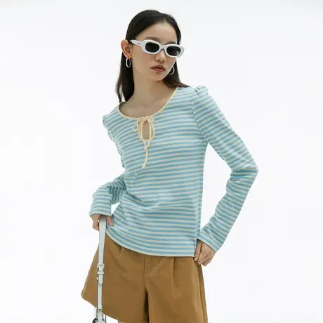 omont蛋挞家条纹正肩T恤女2023秋季新款复古圆领针织镂空长袖上衣商品大图