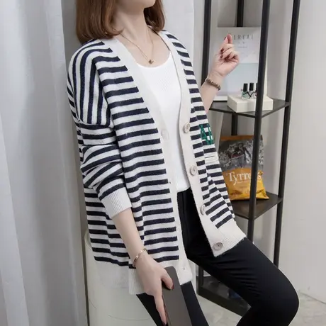条纹v领针织开衫女2023春秋新款宽松慵懒风外穿上衣大码毛衣外套图片