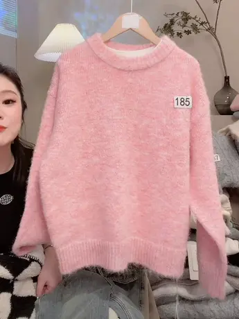 慵懒风套头粉色毛衣女2023秋冬新款韩系宽松甜美软糯针织衫上衣洋商品大图