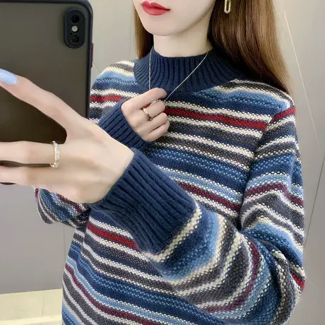 2023年秋冬新款加厚半高领毛衣女宽松外穿套头针织衫女打底衫上衣图片