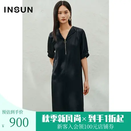 恩裳2023年夏款新款柔软爽滑醋酸裙子气质典雅翻领连衣裙图片