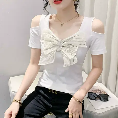 设计感蝴蝶结短袖T恤女性感修身V领上衣时尚洋气露肩小衫别致体恤商品大图