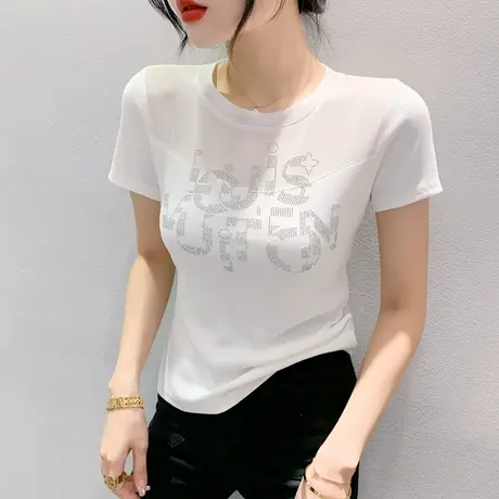 性感镂空短袖上衣女欧货夏装时尚洋气网纱拼接T恤百搭烫钻小衫潮商品大图