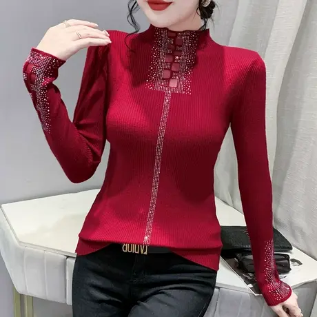 网纱拼接针织衫女长袖2023秋冬新款气质半高领毛衣烫钻洋气打底衫商品大图