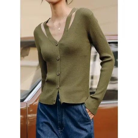 弥古法式v领针织衫高级感掐腰上衣设计感小众女早秋显瘦外搭开衫商品大图