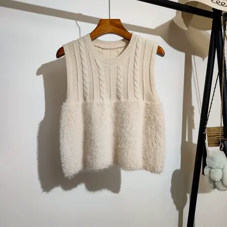 针织背心马甲女秋冬新款宽松圆领叠穿仿貂绒拼接无袖毛衣坎肩外穿商品大图