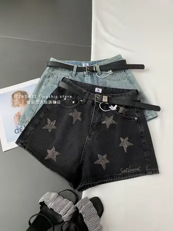 水洗磨白烫钻牛仔短裤女2023夏季新款显瘦百搭高腰裤a字阔腿短裤图片