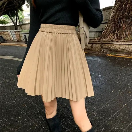 超火咖色a字版百褶皮裙女2023秋冬新款高腰显瘦jk设计感pu半身裙图片