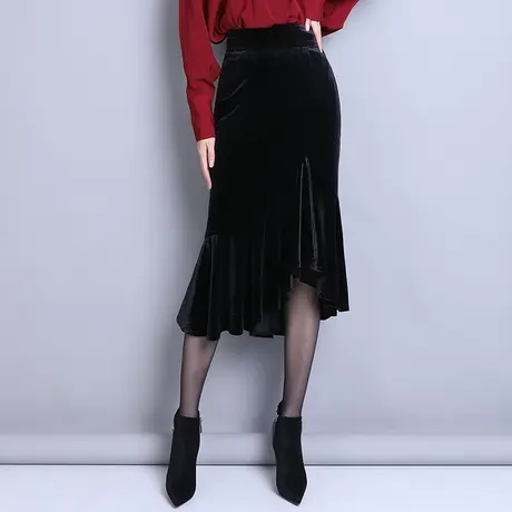 金丝绒包臀裙半身裙女2023新款秋冬中长不规则荷叶边鱼尾裙一步裙图片